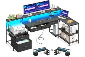 ‎COLESHOME Coleshome Schreibtisch L Form mit Schubladen, 175x100cm Gaming Tisch mit Steckdose, LED & Monitorständer, Reversibler Eckschreibtisch mit Stauraum, Computertisch mit Regal für Büro, Schwarz