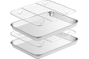 Fire More Teglie da Forno con Griglia di Raffreddamento in Acciaio Inox,Set di 4[2 Teglia Forno+2 Grigliaper Cuocere e Servire], Atossica e Sana, Facile da Pulire e Lavabile in Lavastoviglie
