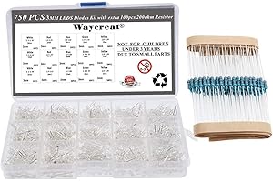 Waycreat 3mm LED Light Emitting Diodes, White Red Blue Green Yellow, 5 Colors,750 Pieces,100pcs 200ohm resistors,