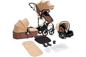 Sianldcone Carrito Bebe 3 en 1, Tejidos de Primera Calidad Carro Bebe 3 Piezas, Empuje Bidireccional Carros Para Bebes, Visión Abierta Silla Paseo Reversible (588 Khaki)
