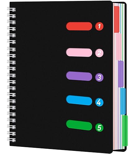 CAGIE Notitieboek met 5 vakken voor werk, 240 pagina's, spiraalvormige notitieboeken, college gelijnd met verdelers, tabbladen, A5, klein notitieboek voor school, kantoorbenodigdheden, notities, 5 x