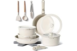 JUST PERFECTO HOUSEHOLD APPLIANCES Batterie de Cuisine Antiadhésive 18 Pièces – Lot de Poêles et Casseroles avec Manche Amovible – Compatible Tous Feux Dont Induction – Revêtement Antiadhésif Sans PFOA (beige)