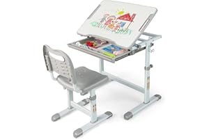 Costway Biurko dziecięce z regulacją wysokości, stół dziecięcy i krzesło z uchylnym blatem i szufladą, wielofunkcyjne biurko dla chłopców i dziewcząt (szare)