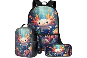 Wnbucioht Cute Axolotl Backpack for Kids Boys School Ocean Axolotl School Bag Sets with Lunchbox Pencil Case 3 in 1 Children Back to School Bookbag Rucksack Large Casual Daypack with Side Pocket