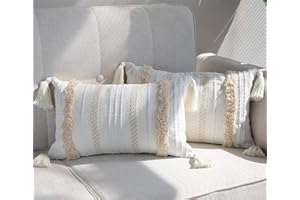 MeMoreCool Lot de 2 Boho Housse de Coussin, Décoratives Doux Taies d'oreiller 30x50cm avec Tufted Tassel Coussin Décoration D'intérieur Housse Coussins pour Canapé Lit Chaise Chambre Salon, Beige