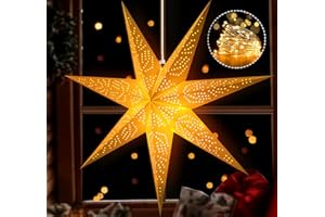HOUISM 70cm Large Christmas Paper Star Lantern Lampshade with 2×1.5m Warm White Fairy Lights - Extra Big Foldable Hanging Pentagram Light for Xmas Tree, Fireplace Mantel, Wedding, Party, Porch Decor