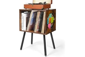 ikkle Rustic Record Player Stand, Record Storage Cabinet Holder with Metal Legs Holds 150 Albums, Turntable Stand Vinyl Record Storage Table for Bedroom Living Room (Brown)