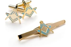 THE MASONIC COLLECTION Gold Plated Square & Compass Freemasons Mens Cufflinks & Tieslide Set - Light Blue Enamel Coating