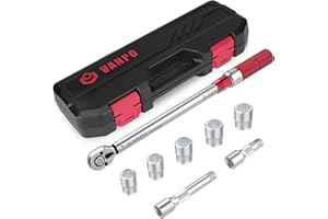 VANPO 1/2" Clé Dynamométrique, Torsion 20-220 Nm, Précision ± 3% Cliquet, 8 Pièces Kit D'entretien pour Autos Camion Motos avec 2 Extensions de 7,5 cm et 12,5 cm, 5 Douilles