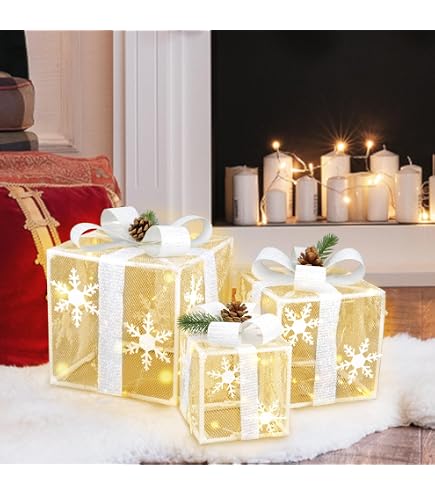Lot De 3 Boîtes Cadeaux Lumineuses LED - Décorations Noël Avec Guirlande 5m - Doré Et Rouge - Pour Sapin Ou Maison