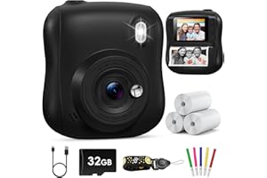 Hangrui Appareil Photo Instantané Enfant, 2,0 Pouces Écran HD Appareil Photo Enfant avec Carte de 32GB & 3 Rouleaux de Papier d'impression,Cadeau Jouet pour Enfant Garçons Filles de 3-10 Ans -Noir