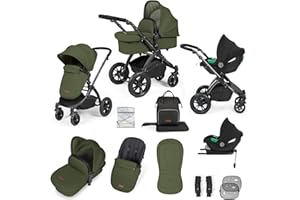 Ickle Bubba Stomp Luxe 12 pièces Poussette, siège auto i-Size Cirrus et base ISOFIX – Tout-terrain, poussette, nacelle, chauffe-pieds et habillage pluie, de la naissance à 4 ans* (Noir/Bois/Noir)