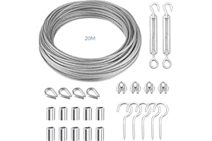 YEYIT 26 Piezas Kit de Cables de Acero Inoxidable para Colgar 20M Cable de Acero Inoxidable 304 PVC Cuerda de Alambre，Cable Acero Plastificado para Suspensión de Tendedero, Cordón de Jardinería