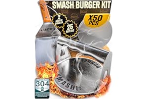 SMASHI BURGER SMASHI® Smash Burger Kit Profesional Acero Inoxidable 304 Certificado EU Contacto Alimentos | Prensa Hamburguesas + Espátulas con Mango de Madera + Accesorios | Incluye 25 Recetas (BÁSICO)