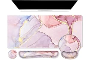 Mouse mat Set,iCasso Desk mat 900 x 400mm,Stitched Edges Gaming Mouse Pad & Mouse mat Wrist Support&Keyboard Wrist Rest,Waterproof Surface Desk Pad with Non-Slip Rubber Base (4PinkMarble)