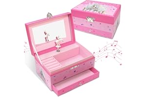 GINMLYDA Musical Horse Jewellery Box for Girls, Kids Music Box with Spinning Horse, Jewellery Boxes, Birthday Gifts for Little Girls, 15.2 x 11.8 x 8.9 cm - Ages 3-10,Pink