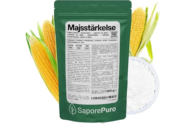 SaporePuro Naturlig Majsstärkelse 200 g – Naturligt Förtjockningsmedel för Desserter, Krämer och Såser – Glutenfri och Vegansk