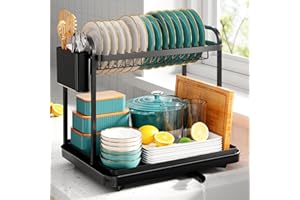 Kitsure Dish Drainer Rack - Space-Saving Dish Drainer, Dish Racks for Kitchen Counter, Stainless Steel Kitchen Drying Rack with a Cutlery Holder, 2-Tiers, Black