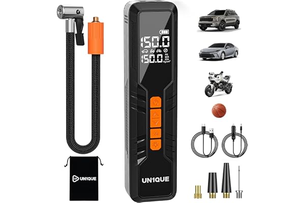 UN1QUE Cordless Tyre Inflator for Car, Air Compressor with 6000 mAh Battery & DC Cord 150 PSI Dual Values Display Smart Preset Modes Air Pump, Suitable for Car, Motorcycle, Cycle,Black