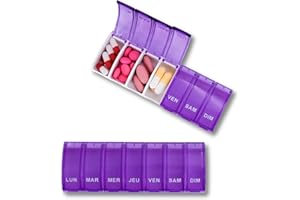 MEDIPILL - Pilulier Semainier Français | Pilulier 7 jours - 7 Compartiments | Compact et Durable | Sans BPA | Violet | Une Pièce | MED-S7S-V