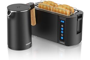 ‎ARENDO Arendo - Wasserkocher Toaster SET - Edelstahl - Wasserkocher mit Temrpatureinstellung - 45-100 Grad - Warmhaltefunktion - Toaster 4 Scheiben mit Touch Display - mit Brötchaufsatz - Schwarz Matt
