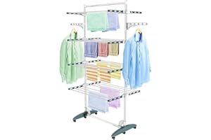 Todeco Séchoir à Linge Pliant à 4 Niveaux, Etendoir à Linge intérieur en Acier Inoxydable, Sèche-Linge Etendoir Pliable avec Barre Supérieure, Ailes réglables en Hauteur pour Terrasse Jardin, Sarcelle