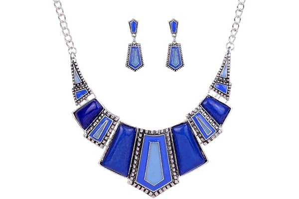 YAZILIND Vintage Ethnique Collier Bib Strass Argent Irreguliere Bleu tibetain Collier Boucles d'oreilles de Bijoux
