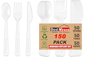 BEST HOUSE ANOTHER FINE PRODUCT BH | Reusable Plastic Cutlery Set | 150 Pcs (50 Spoons, 50 Forks, 50 Knives) | Clear Mix Cutlery Set for Birthday, Parties, Picnics, BBQ's, Camping, and Everyday Use - by Best House