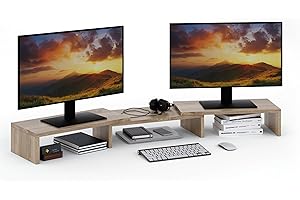 ComfortCove Podwójny stojak na monitor, Organizer na biuro, Stojak na laptopa, Podstawka pod komputer, 3 półki, Regulowana długość, Idealny do domowego biura, Sonoma