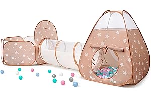 TIKTENT 3 in 1 Pop Up Kids Play Tent with Tunnel and Ball Pit for Kids, Boys, Girls, Babies and Toddlers, Indoor/Outdoor Playhouse, Brown/Apricot