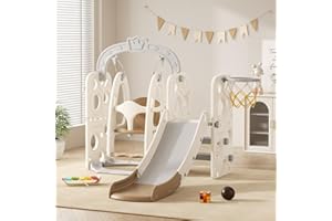 VUECER Rutsche mit Klettergerüst für Kinder: Indoor Spielplatz mit - Aufbewahrungsbox Tunnel Treppenleiter Basketballkorb und Durchgangsbereich Gartenrutsche (Elf-C-Brown)