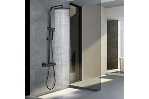 Colonne de Douche Thermostatique STANEW, Acier Inoxydable, Douche Thermostatique, Douchette Flexible en ABS, Réglable en Hauteur, Noir