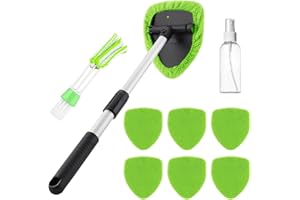 Zosenyer Detergente per Parabrezza Auto, con 6 Cuscinetti Riutilizzabili e Lavabili e Flacone Spray, Spazzola Doppia Testa, 180° Maniglia Girevole,Pulitore Vetri Auto (Verde)