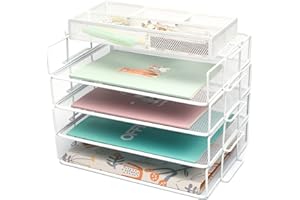 Exerz Organizador de Escritorio de Alambre, Paquete de 5 Piezas, clasificador de Papel apilable de 4 Niveles con Organizador de Accesorios, 3 Compartimentos - Soporte para Archivos (5 Piezas Blanco)