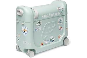 JetKids by Stokke BedBox, Green Aurora - Kid's Ride-On Suitcase & in-Flight Bed - Help Your Child Relax & Sleep on The Plane - Approved by Many Airlines - Best for Ages 3-7