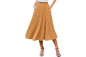 Parabler Rock Damen Chiffon Midirock Elegant Blumen Polka Dot Elastische Taille Sommerrock Lang Plisseerock mit Taschen