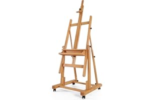 VISWIN Caballete de marco en H resistente, sostiene el lienzo hasta 82 pulgadas, se inclina plano, caballete grande de madera de haya ajustable para pintar con almacenamiento y 4 ruedas, soporte