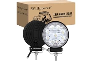 ‎WILLPOWER Willpower 2 x LED Headlight 10 cm 4 Inch 27 W LED Work Light 12 V 24 V Additional Headlight Car Reversing Light LED Waterproof for Off-Road Tractor SUV ATV Round