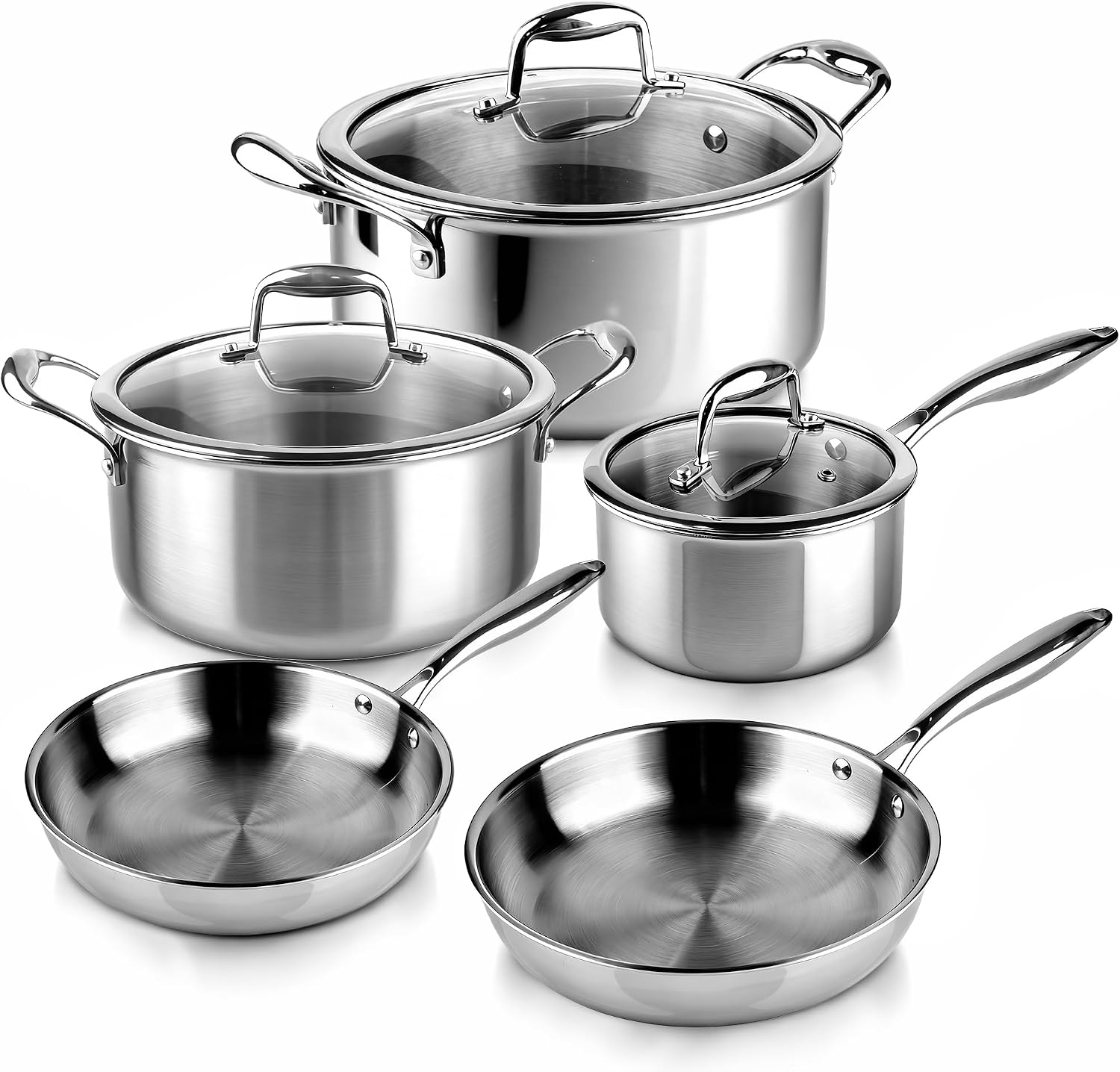 La Moustache - Batería de Cocina de Acero Inoxidable 8 Piezas con Tapas de Vidrio (Ø16/20/24 cm) - Juego de Ollas y Sartenes para Inducción, Sin Recubrimientos, Apta Lavavajillas (Titan Inox)