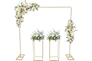 LUNICASHA Lot de 2 arches de mariage en métal de 2 m - Avec 2 supports de fleurs de 80 cm de haut - Support pour ballons - Pour mariages, fêtes d'anniversaire, banquets - Doré