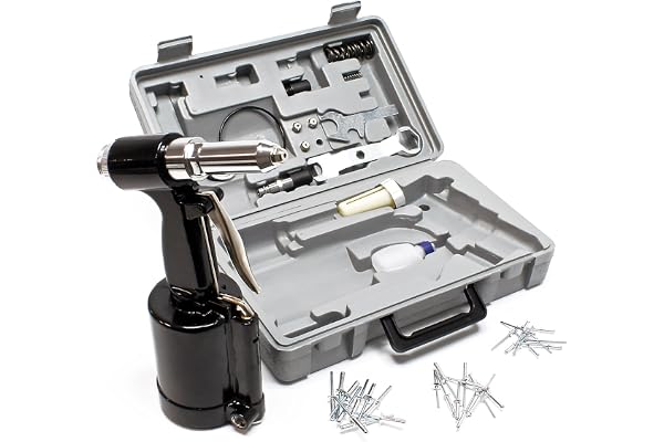 Wiltec Riveteuse pneumatique – 285 x 100 x 165 mm – pour Rivets aveugles 2,4-4,8 mm – avec Embouts et Coffret – Kit pince à rivets à air comprimé, Machine à rivets