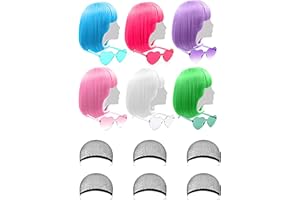 DAJOOEE Parrucche colorate confezione da 6, parrucche corte con capelli bob al neon colorate con occhiali da sole a forma di cuore senza bordo, per donne e ragazze, cosplay, feste, addio al nubilato