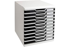 Exacompta - Ref 302014D - Modulo A4 Office - 350 x 288 x 320mm in Size, 10 Closed Drawers (26mm Height), Smooth Opening with Stop, Label Holders - Light Grey/Black