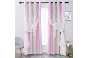 MINGPINHUIUS Star Curtain Blackout Curtains for Kids Girls Bedroom Living Room Double Layer Stars Curtains Elegant Drapes Star Window Curtain with Net Sheers, 2 Panels (Pink Yellow, 52 Inches W x 83