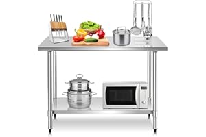 COSTWAY Table de Travail Cuisine en Acier Inoxydable, Plan de Travail Cuisine à 2 Niveaux, Étagère Inférieur Réglable, 122 x 61 x 90cm, Argent