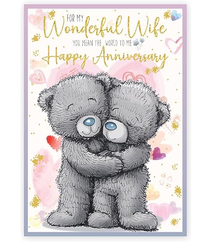Jahrestagskarte Für Die Frau - "To My Lovely Wife I Love You" Mit Bär, 210x148mm, Premium-Leinenkarton