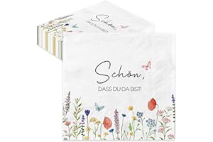 HAPPIRRA 40 Stück Servietten Schön Dass Du Da Bist – Blumen & Schmetterling Design, 33x33 cm – Papier-Servietten Hochzeit, Geburtstag, Frühling, Ostern, Tischdekoration