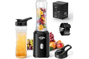 SANGCON-EP Sangcon Batidora Batidora, Licuadora Deportiva Portátil Eléctrica para Batidos y Batidos, con 2 Botellas Tritan To Go de 600 ML Sin BPA + 2 Tapas para Beber, Cuchillo de 4 Hojas, Botón de Pulso, Negro
