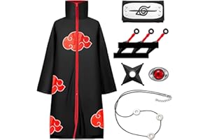 Kitimi Akatsuki Cloak Itachi Anime Cosplay Costume for Kids, 8 Pcs Fancy Dress Costumes with Headband Ring Necklace, Akatsuki Robe Black Cloak for Adults, Anime Fans, Birthday Gift for Kids