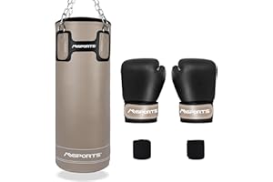 MSPORTS Set di sacchi da boxe professionali, 80 x 30 cm, con 1 paio di guanti da boxe e bende da boxe, 25 kg, colore beige/nero